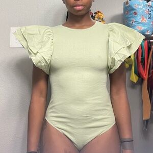 Green Bodysuit with Ruffled Cap Sleeves
